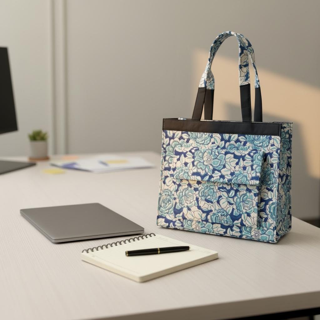 Blue Floral Block Print Tote Bag, Handmade Cotton Handbag, Waterproof Lined Tote, Large Capacity Everyday Bag, Gift for Her, office bag