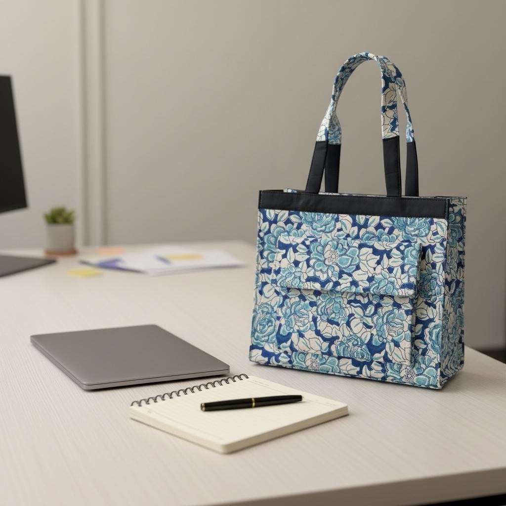Blue Floral Block Print Tote Bag, Handmade Cotton Handbag, Waterproof Lined Tote, Large Capacity Everyday Bag, Gift for Her, office bag