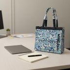 Blue Floral Block Print Tote Bag, Handmade Cotton Handbag, Waterproof Lined Tote, Large Capacity Everyday Bag, Gift for Her, office bag