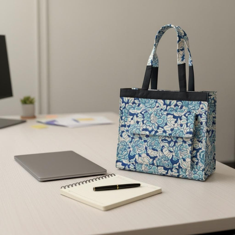 Blue Floral Block Print Tote Bag, Handmade Cotton Handbag, Waterproof Lined Tote, Large Capacity Everyday Bag, Gift for Her, office bag