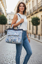Blue Floral Block Print Tote Bag, Handmade Cotton Handbag, Waterproof Lined Tote, Large Capacity Everyday Bag, Gift for Her, office bag
