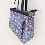 Blue Floral Block Print Tote Bag, Handmade Cotton Handbag, Waterproof Lined Tote, Large Capacity Everyday Bag, Gift for Her, office bag