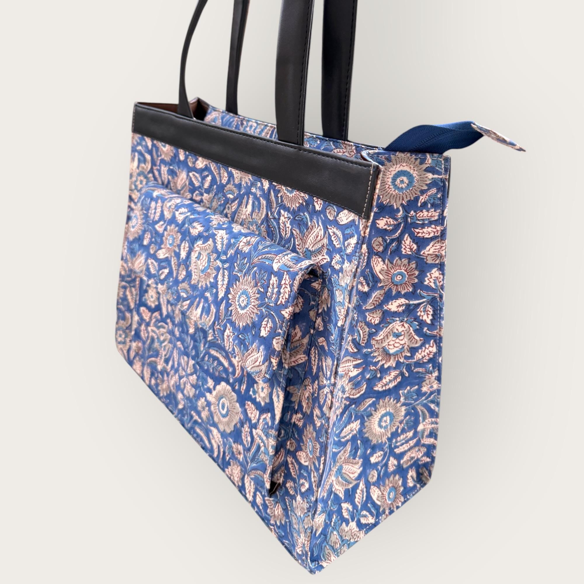 Blue Floral Block Print Tote Bag, Handmade Cotton Handbag, Waterproof Lined Tote, Large Capacity Everyday Bag, Gift for Her, office bag