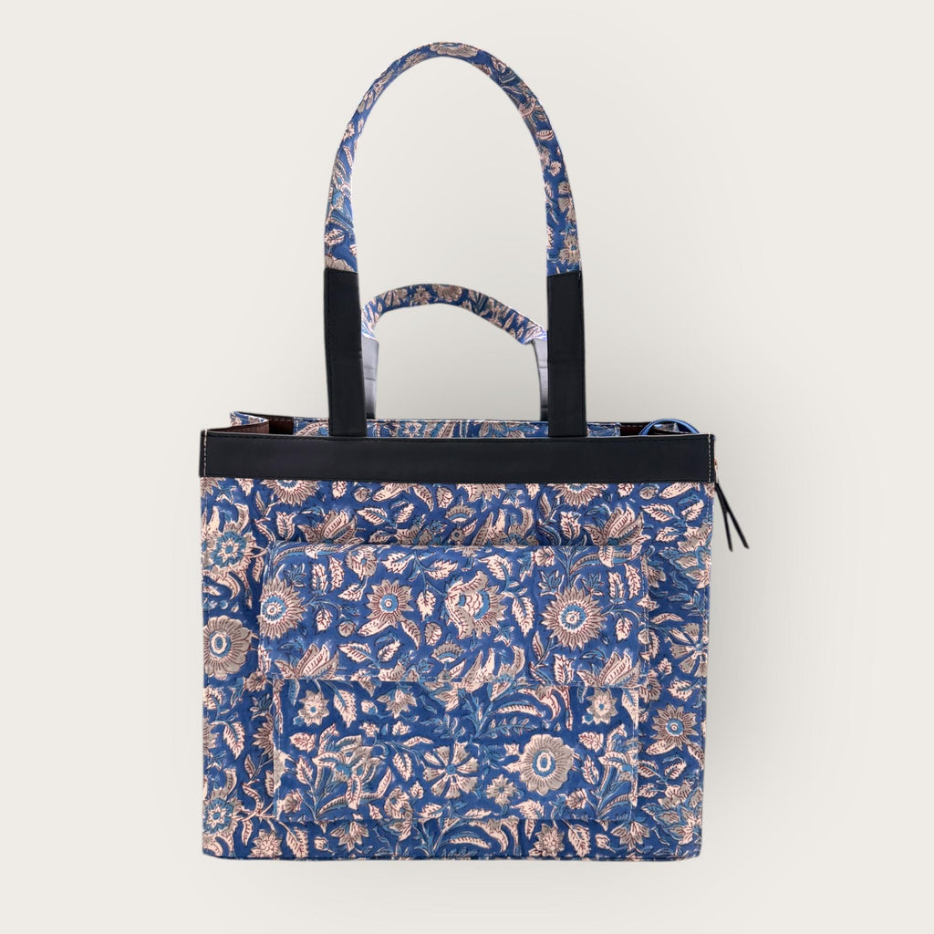 Blue Floral Block Print Tote Bag, Handmade Cotton Handbag, Waterproof Lined Tote, Large Capacity Everyday Bag, Gift for Her, office bag
