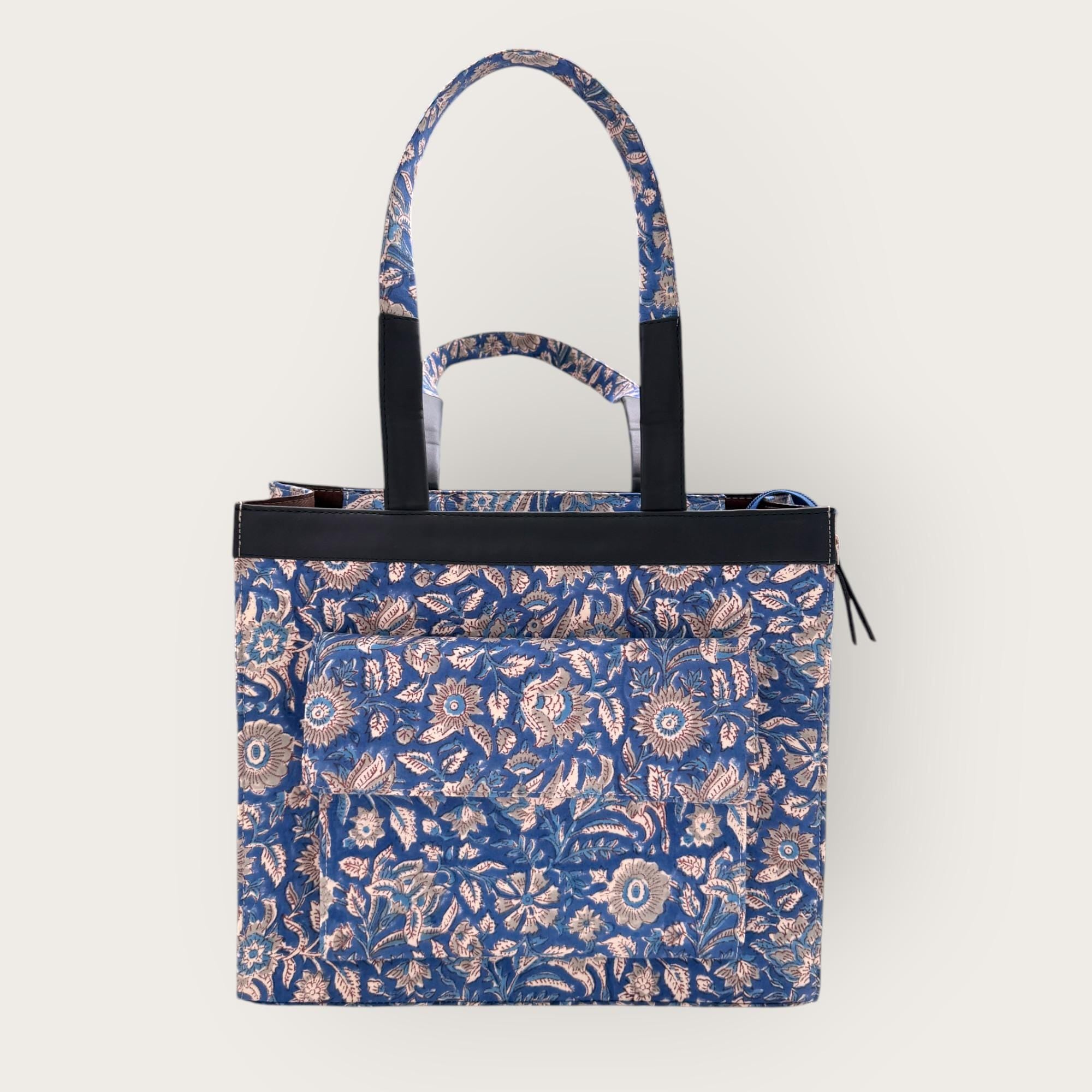 Blue Floral Block Print Tote Bag, Handmade Cotton Handbag, Waterproof Lined Tote, Large Capacity Everyday Bag, Gift for Her, office bag