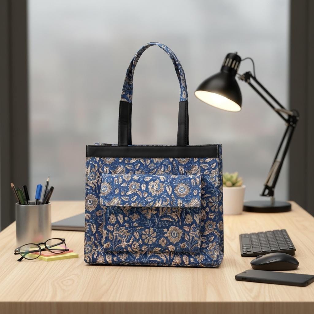 Blue Floral Block Print Tote Bag, Handmade Cotton Handbag, Waterproof Lined Tote, Large Capacity Everyday Bag, Gift for Her, office bag