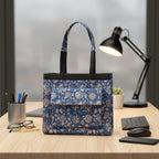 Blue Floral Block Print Tote Bag, Handmade Cotton Handbag, Waterproof Lined Tote, Large Capacity Everyday Bag, Gift for Her, office bag