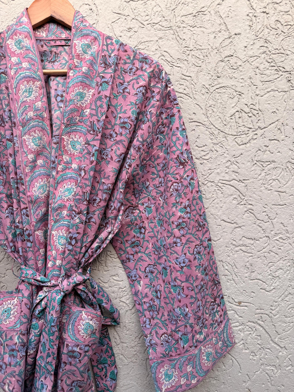 Pink Floral Block Print Cotton Bathrobe | Handmade Indian Robe | Lightweight Kimono Robe | Bridal Getting Ready Robe | Summer Loungewear