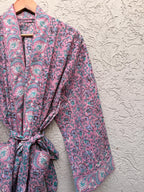 Pink Floral Block Print Cotton Bathrobe | Handmade Indian Robe | Lightweight Kimono Robe | Bridal Getting Ready Robe | Summer Loungewear