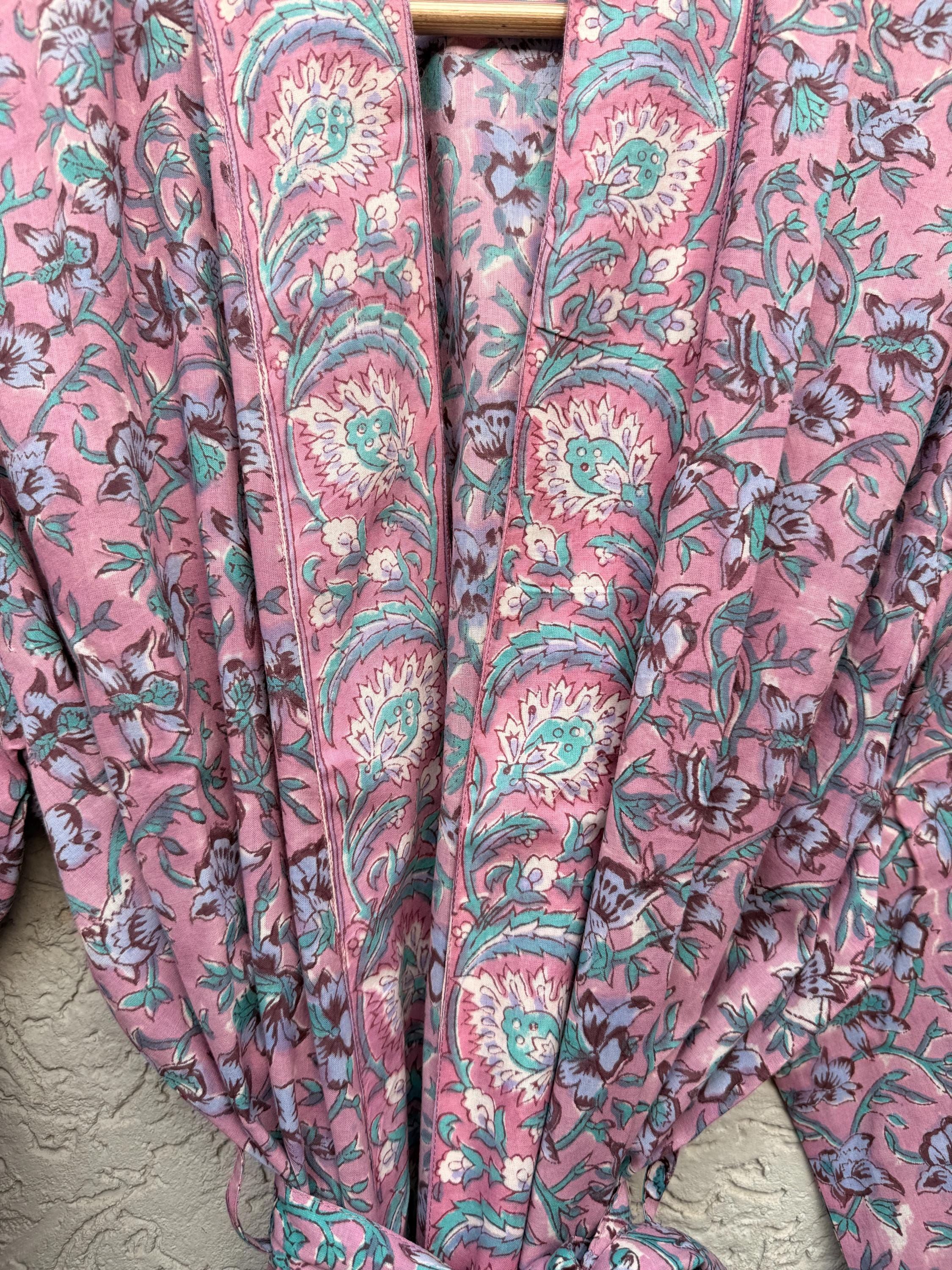 Pink Floral Block Print Cotton Bathrobe | Handmade Indian Robe | Lightweight Kimono Robe | Bridal Getting Ready Robe | Summer Loungewear