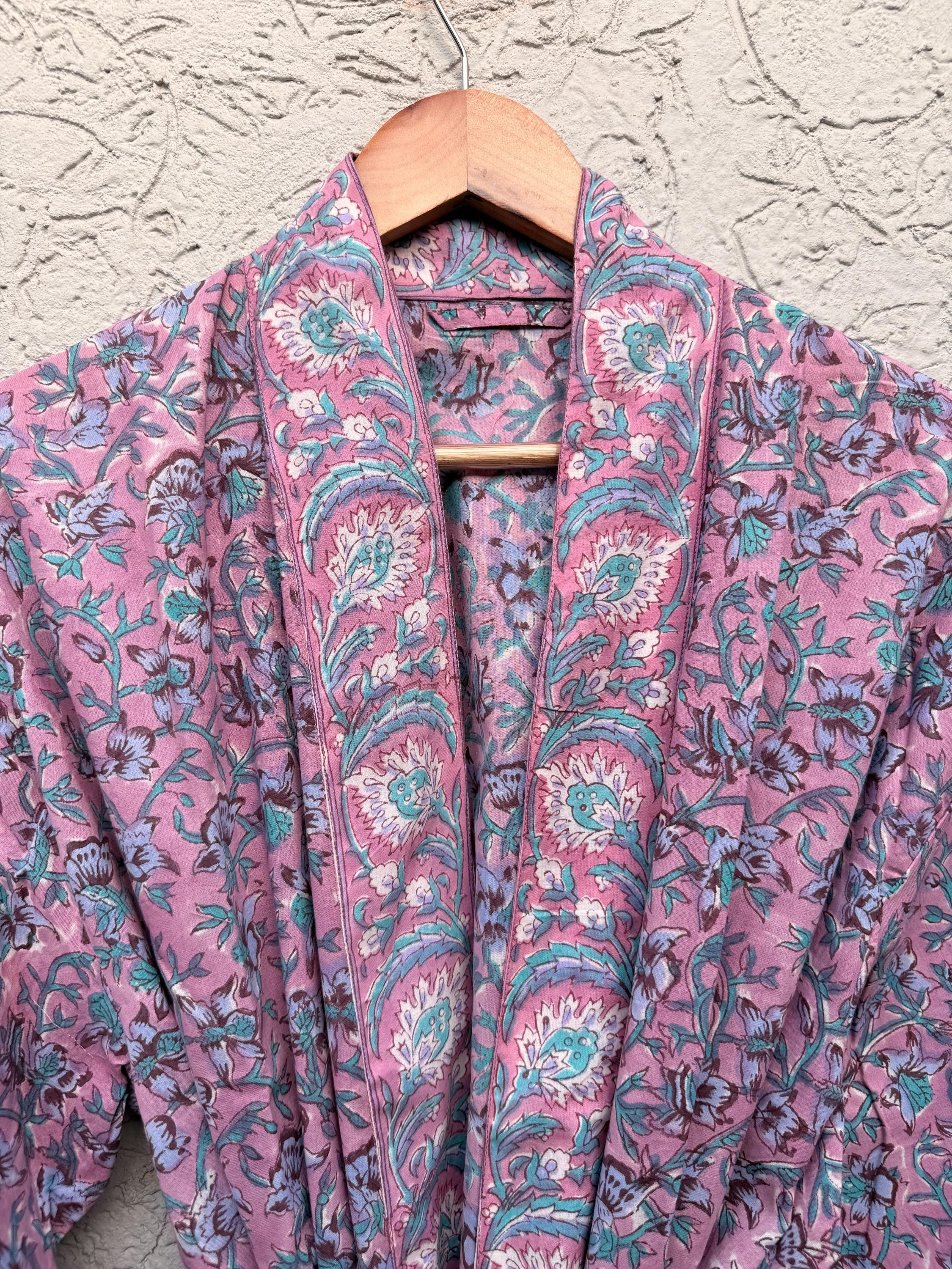 Pink Floral Block Print Cotton Bathrobe | Handmade Indian Robe | Lightweight Kimono Robe | Bridal Getting Ready Robe | Summer Loungewear