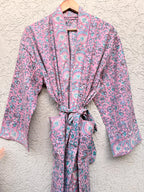 Pink Floral Block Print Cotton Bathrobe | Handmade Indian Robe | Lightweight Kimono Robe | Bridal Getting Ready Robe | Summer Loungewear