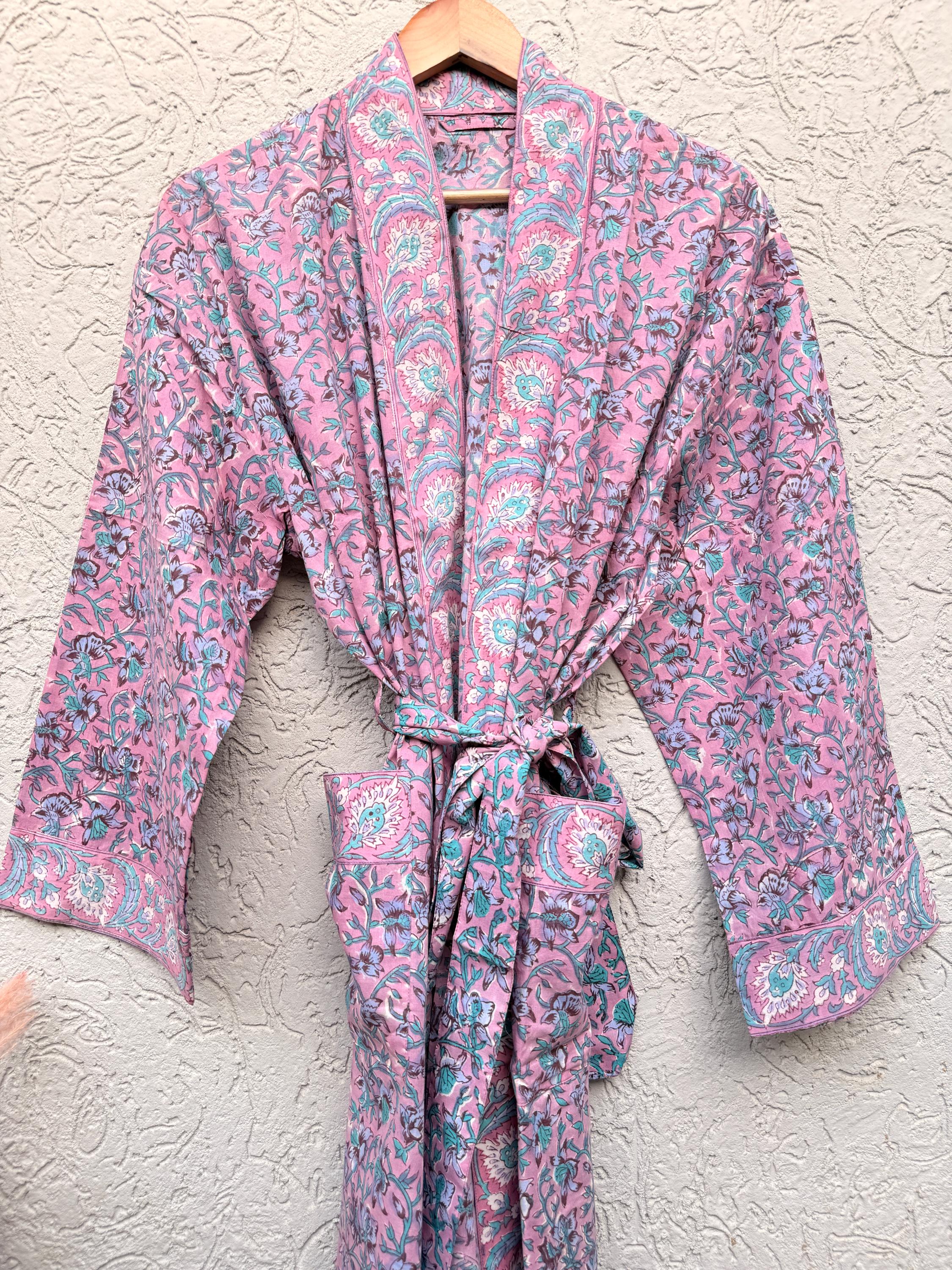 Pink Floral Block Print Cotton Bathrobe | Handmade Indian Robe | Lightweight Kimono Robe | Bridal Getting Ready Robe | Summer Loungewear