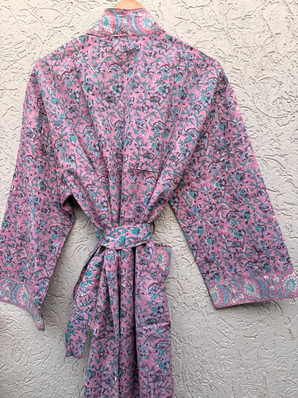 Pink Floral Block Print Cotton Bathrobe | Handmade Indian Robe | Lightweight Kimono Robe | Bridal Getting Ready Robe | Summer Loungewear