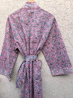 Pink Floral Block Print Cotton Bathrobe | Handmade Indian Robe | Lightweight Kimono Robe | Bridal Getting Ready Robe | Summer Loungewear