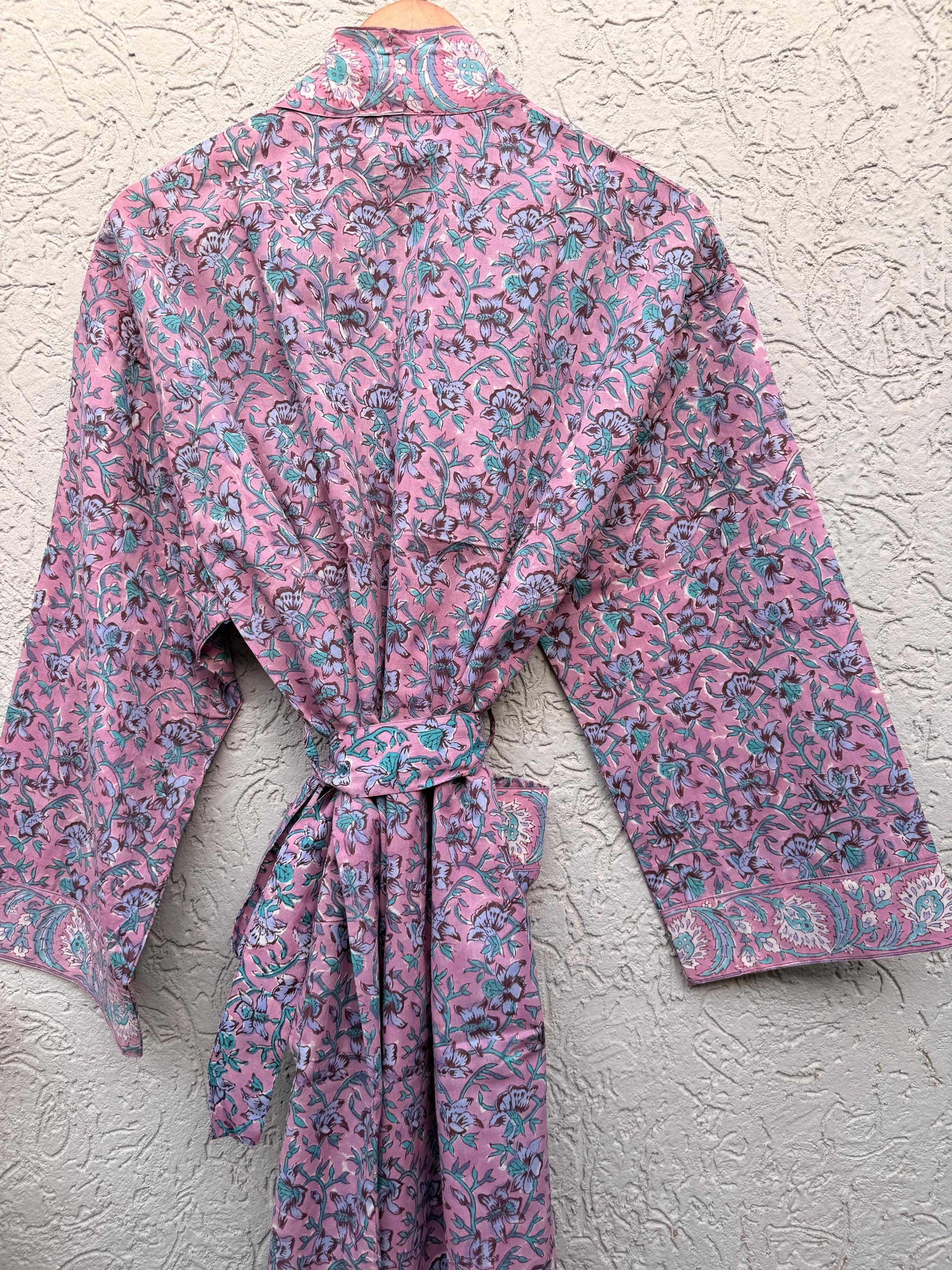 Pink Floral Block Print Cotton Bathrobe | Handmade Indian Robe | Lightweight Kimono Robe | Bridal Getting Ready Robe | Summer Loungewear