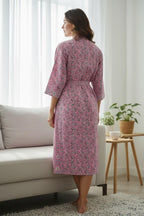Pink Floral Block Print Cotton Bathrobe | Handmade Indian Robe | Lightweight Kimono Robe | Bridal Getting Ready Robe | Summer Loungewear
