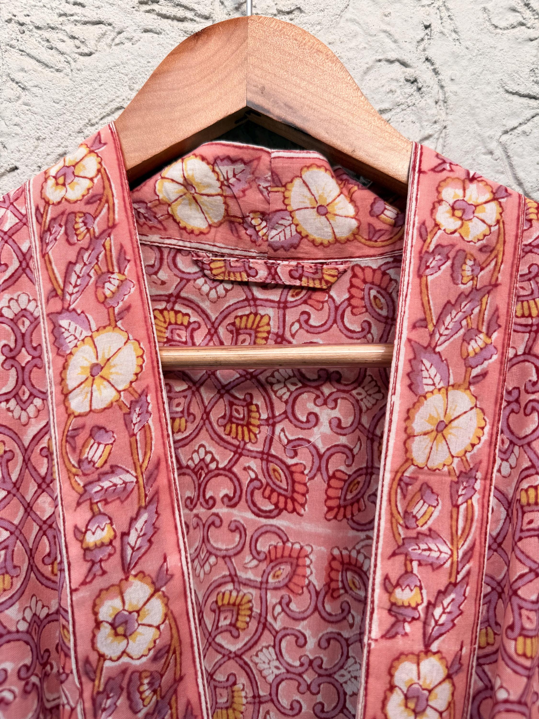 Coral Pink Block Print Cotton Bathrobe | Handmade Floral Kimono Robe | Lightweight Summer Robe | Bridal Getting Ready Outfit | Gift for Her
