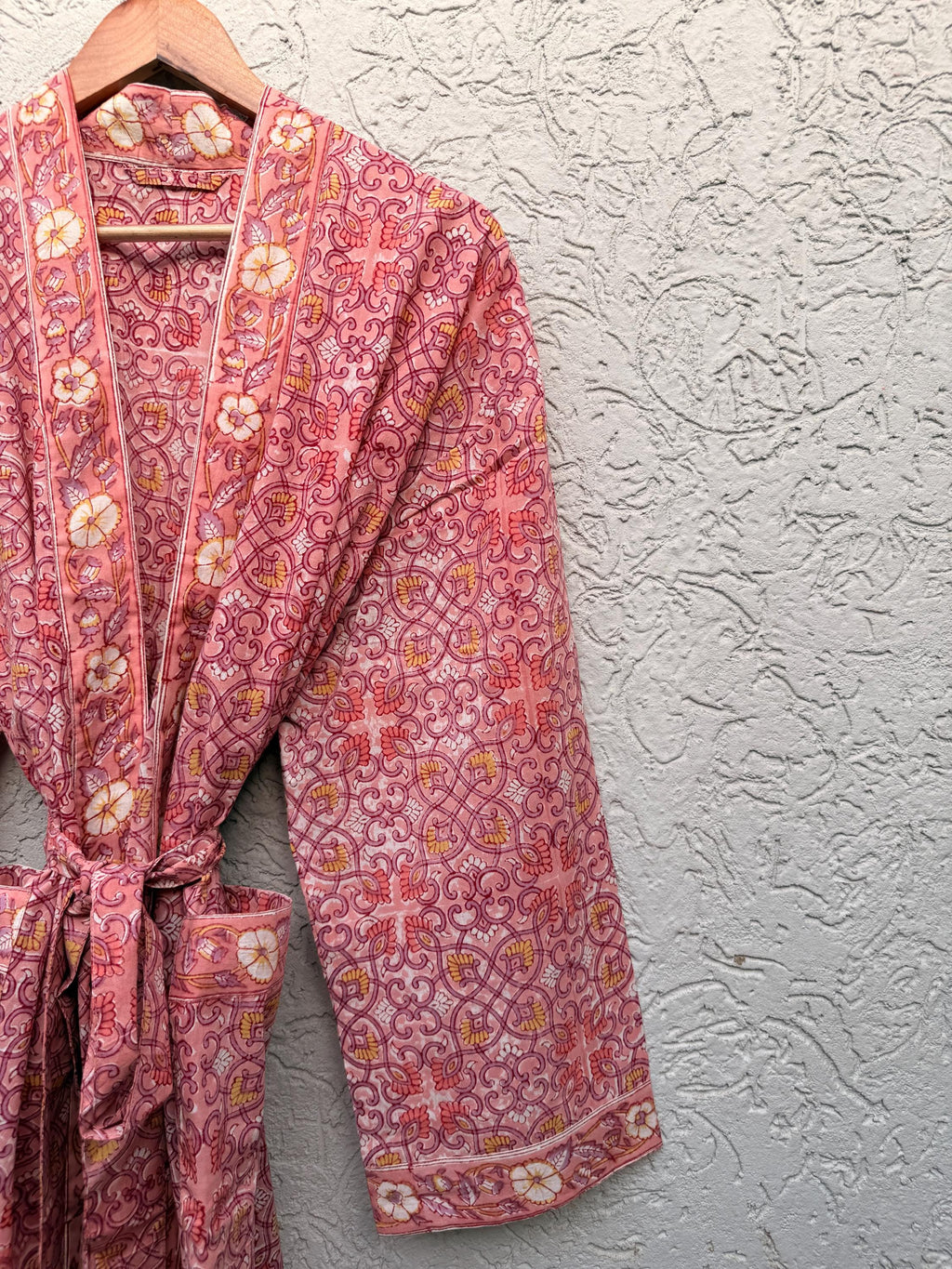 Coral Pink Block Print Cotton Bathrobe | Handmade Floral Kimono Robe | Lightweight Summer Robe | Bridal Getting Ready Outfit | Gift for Her