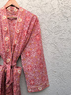 Coral Pink Block Print Cotton Bathrobe | Handmade Floral Kimono Robe | Lightweight Summer Robe | Bridal Getting Ready Outfit | Gift for Her