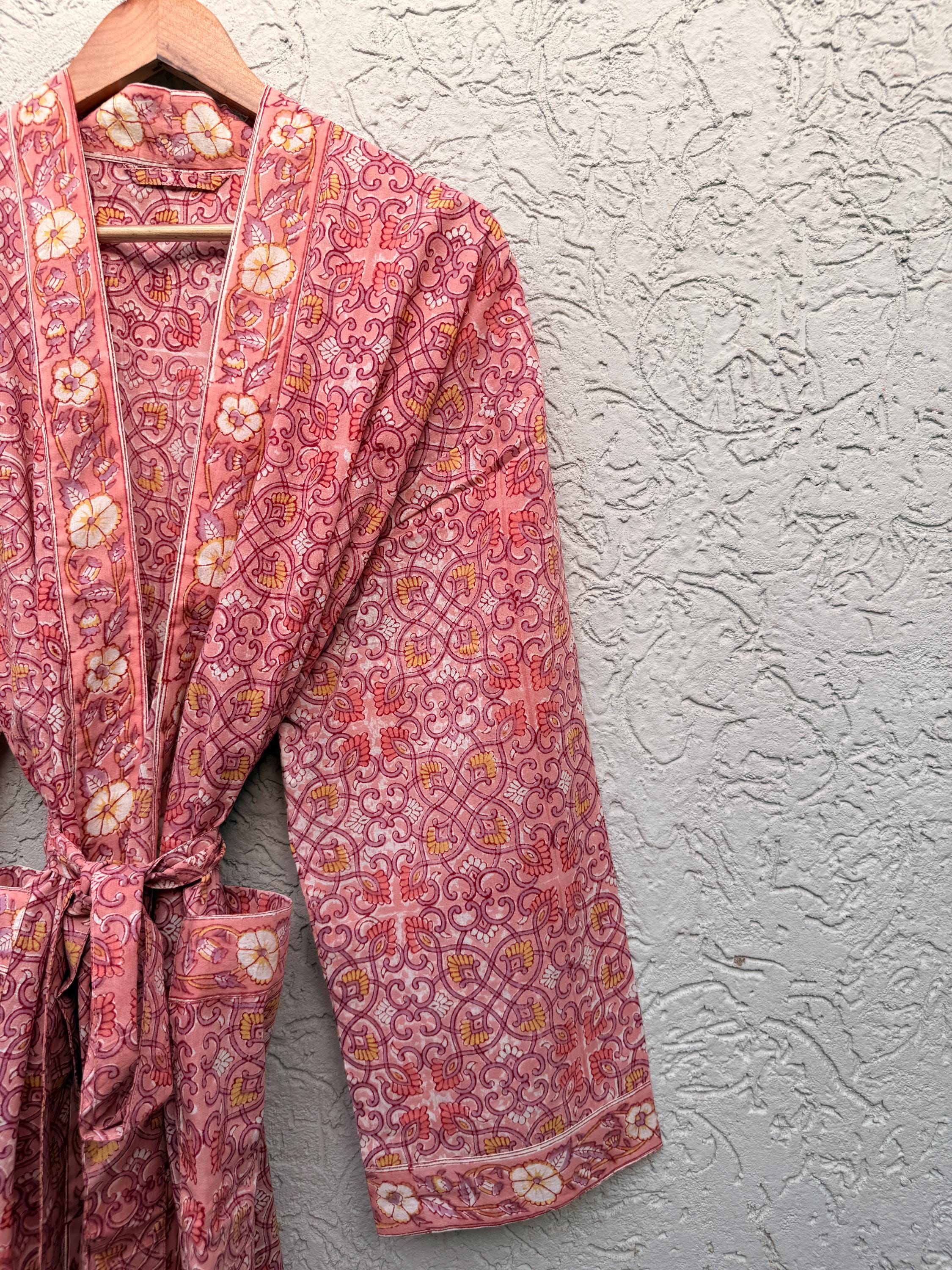 Coral Pink Block Print Cotton Bathrobe | Handmade Floral Kimono Robe | Lightweight Summer Robe | Bridal Getting Ready Outfit | Gift for Her