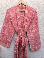 Coral Pink Block Print Cotton Bathrobe | Handmade Floral Kimono Robe | Lightweight Summer Robe | Bridal Getting Ready Outfit | Gift for Her