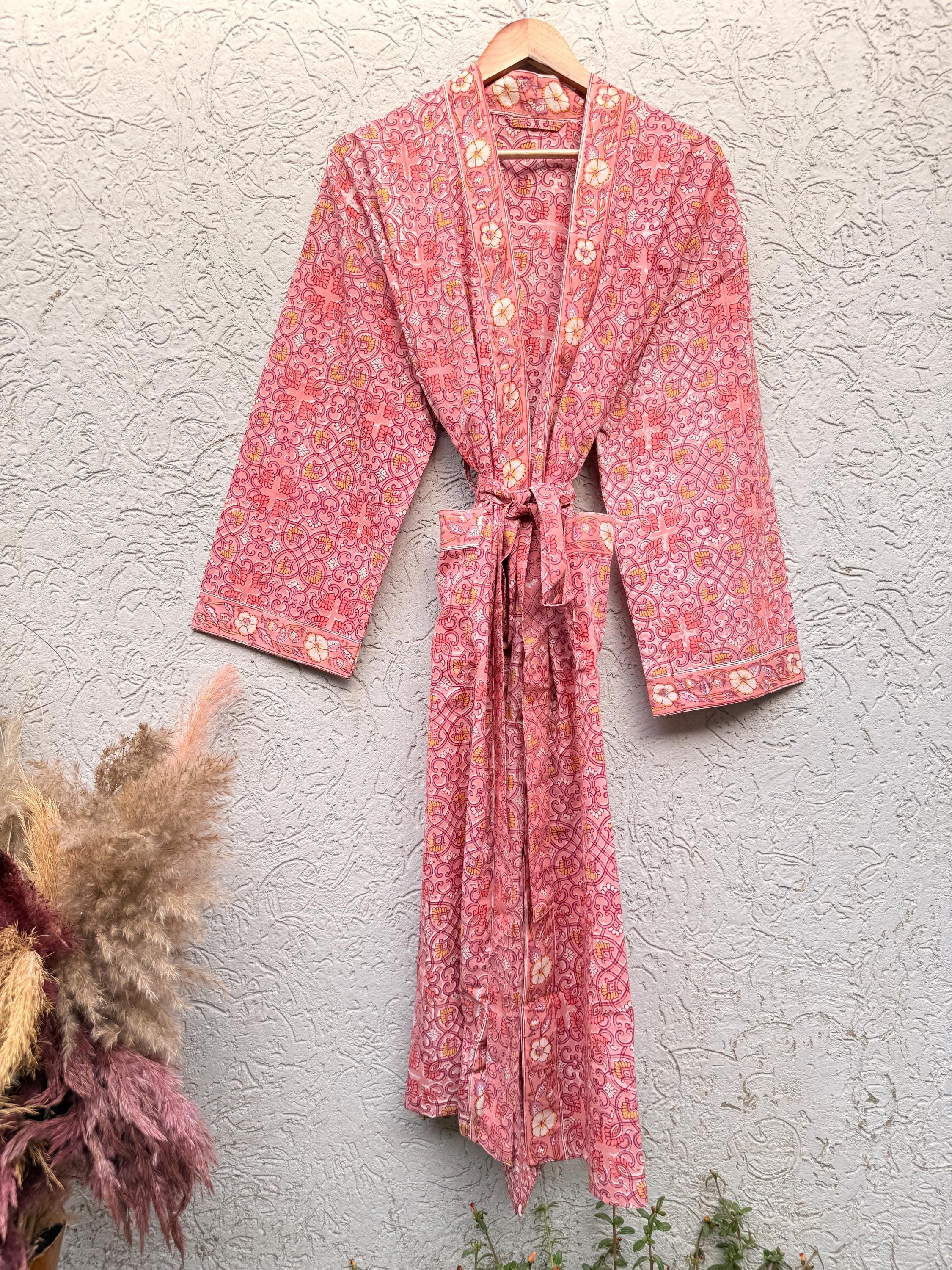 Coral Pink Block Print Cotton Bathrobe | Handmade Floral Kimono Robe | Lightweight Summer Robe | Bridal Getting Ready Outfit | Gift for Her