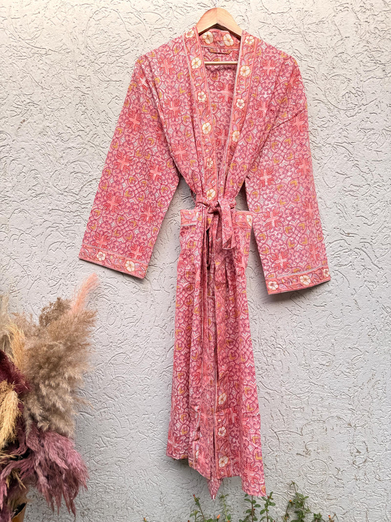 Coral Pink Block Print Cotton Bathrobe | Handmade Floral Kimono Robe | Lightweight Summer Robe | Bridal Getting Ready Outfit | Gift for Her