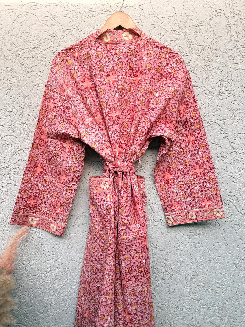 Coral Pink Block Print Cotton Bathrobe | Handmade Floral Kimono Robe | Lightweight Summer Robe | Bridal Getting Ready Outfit | Gift for Her