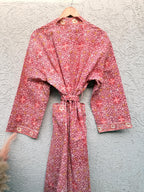Coral Pink Block Print Cotton Bathrobe | Handmade Floral Kimono Robe | Lightweight Summer Robe | Bridal Getting Ready Outfit | Gift for Her