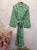 Green Block Print Cotton Bathrobe | Handmade Kimono Robe | Lightweight Floral Lounge Robe | Summer Robe for Women | Spa Robe Gift