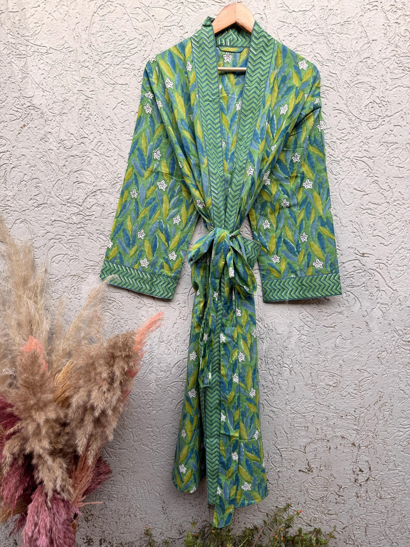 Green Block Print Cotton Bathrobe | Handmade Kimono Robe | Lightweight Floral Lounge Robe | Summer Robe for Women | Spa Robe Gift