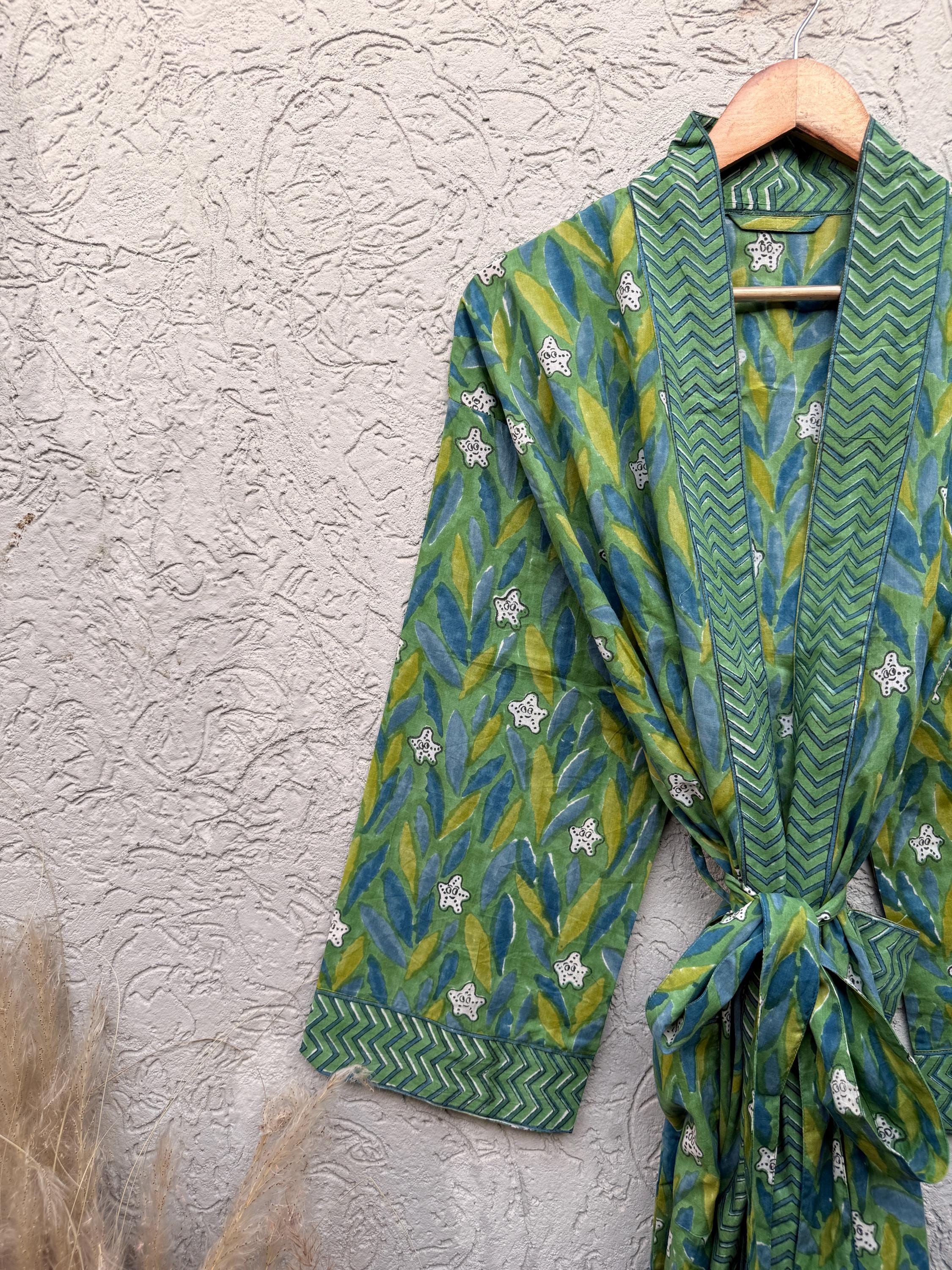 Green Block Print Cotton Bathrobe | Handmade Kimono Robe | Lightweight Floral Lounge Robe | Summer Robe for Women | Spa Robe Gift