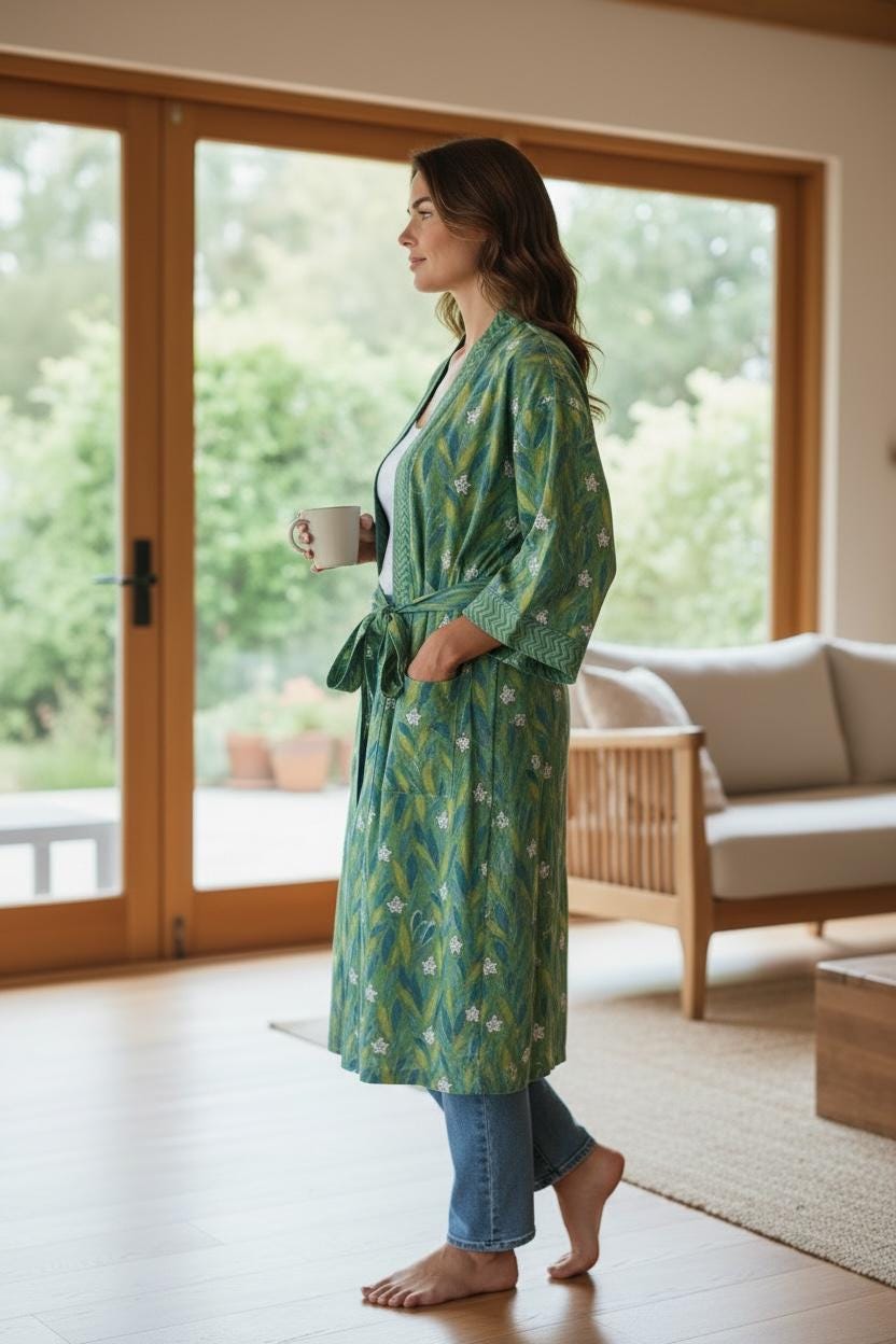 Green Block Print Cotton Bathrobe | Handmade Kimono Robe | Lightweight Floral Lounge Robe | Summer Robe for Women | Spa Robe Gift