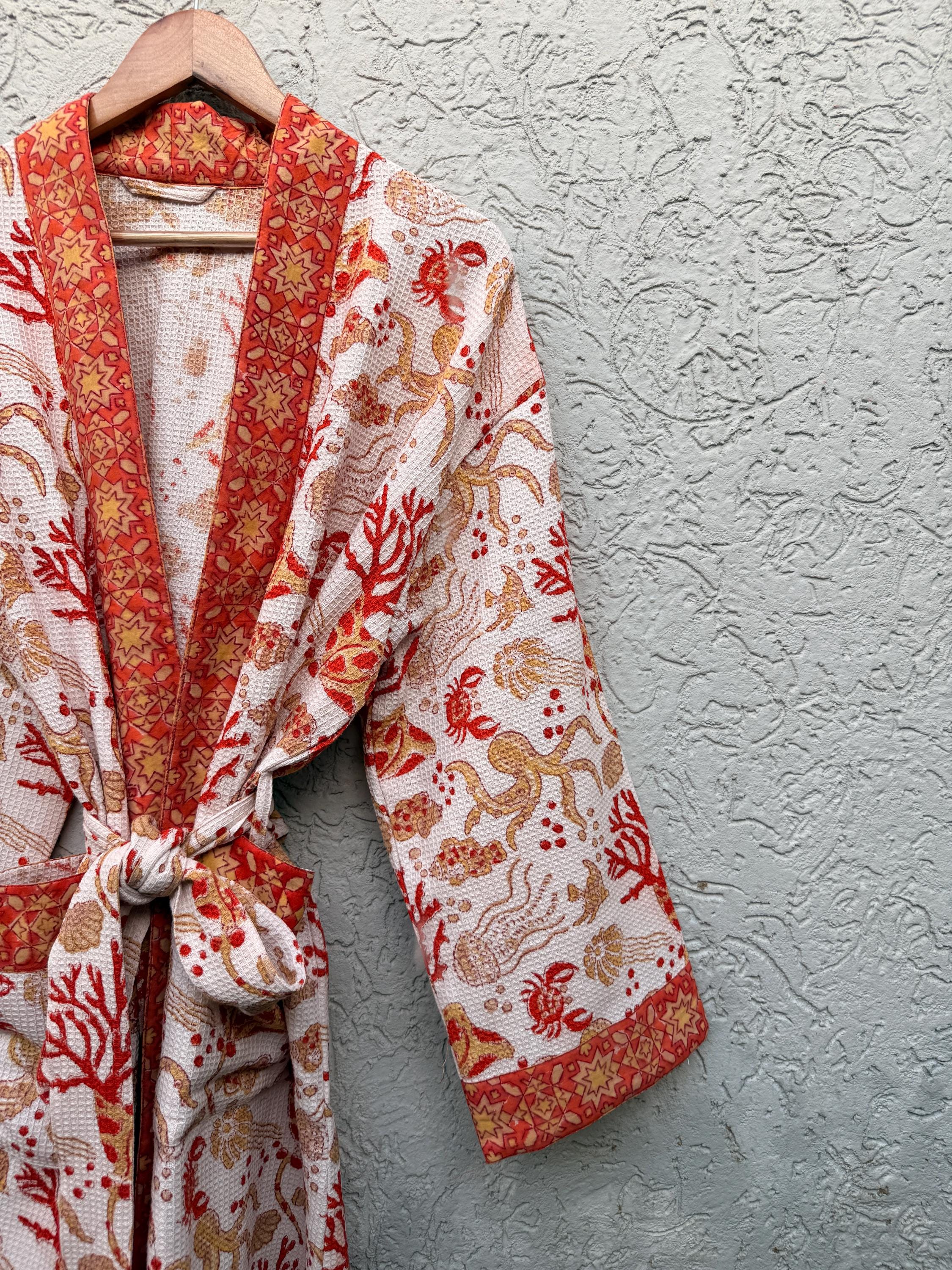 Coral Sea Block Print Cotton waffle Bathrobe | Handmade Kimono Robe | Lightweight Waffle Cotton Robe | Beach Spa Robe | Coastal Gift for Her