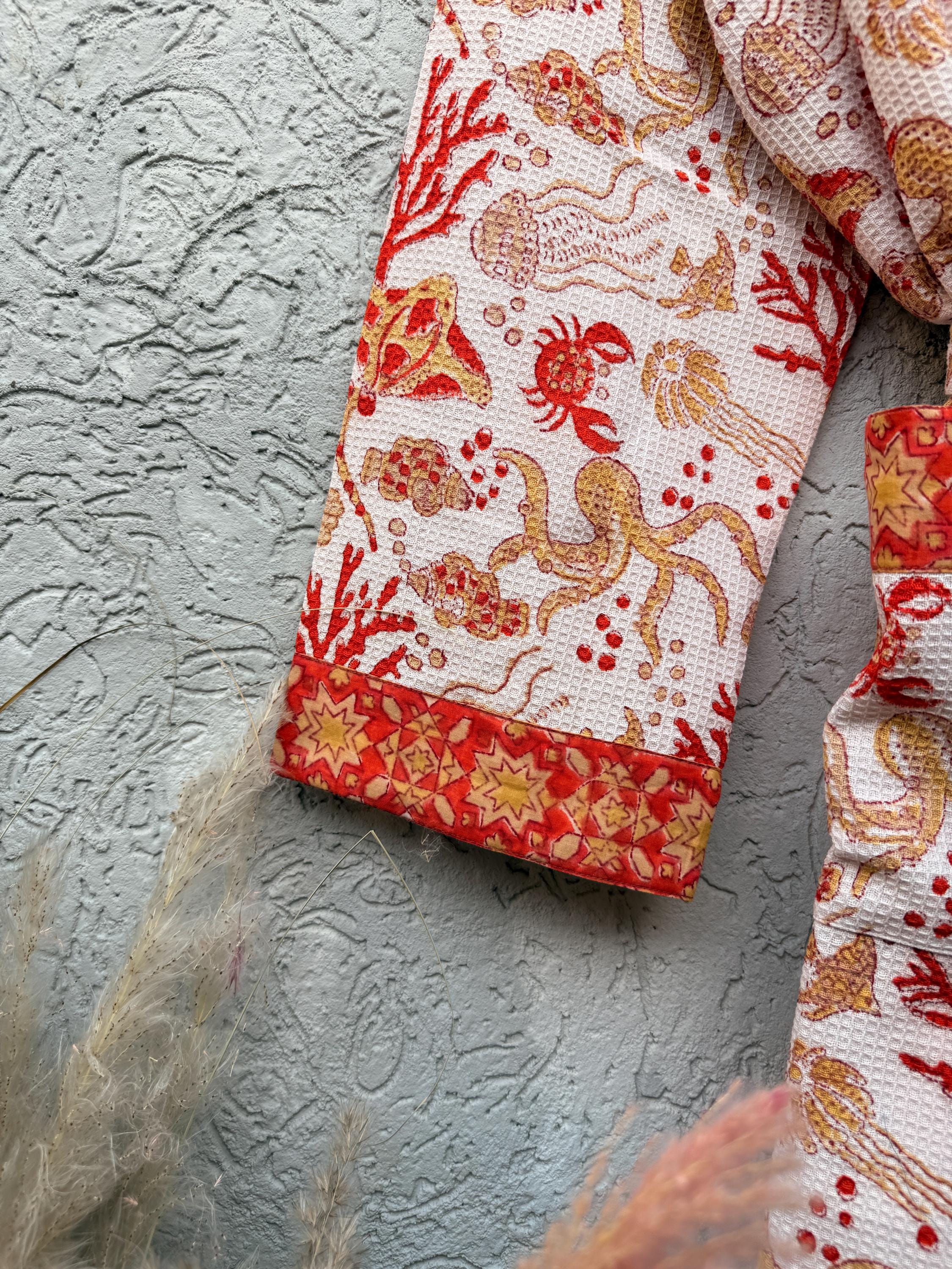 Coral Sea Block Print Cotton waffle Bathrobe | Handmade Kimono Robe | Lightweight Waffle Cotton Robe | Beach Spa Robe | Coastal Gift for Her