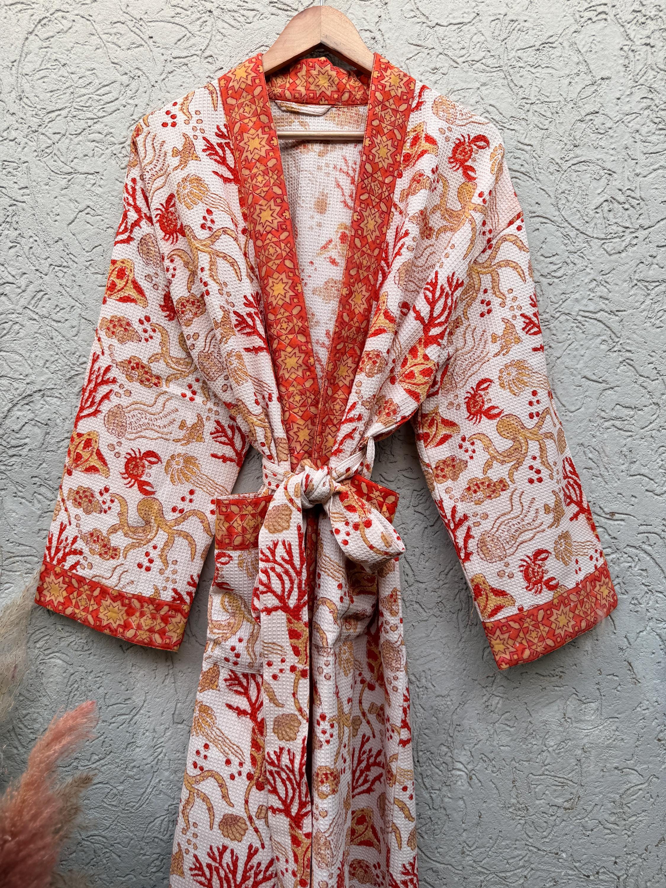 Coral Sea Block Print Cotton waffle Bathrobe | Handmade Kimono Robe | Lightweight Waffle Cotton Robe | Beach Spa Robe | Coastal Gift for Her
