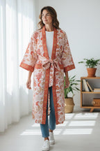 Coral Sea Block Print Cotton waffle Bathrobe | Handmade Kimono Robe | Lightweight Waffle Cotton Robe | Beach Spa Robe | Coastal Gift for Her