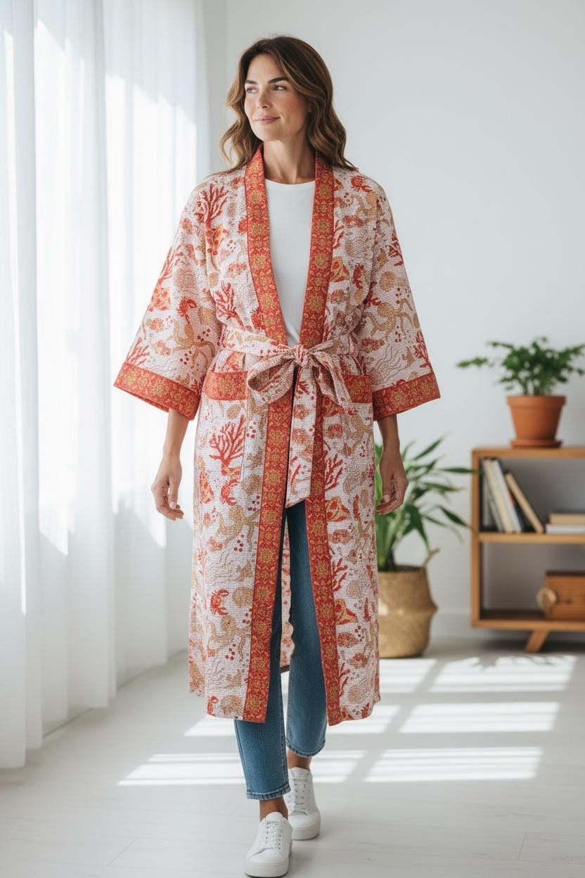 Coral Sea Block Print Cotton waffle Bathrobe | Handmade Kimono Robe | Lightweight Waffle Cotton Robe | Beach Spa Robe | Coastal Gift for Her