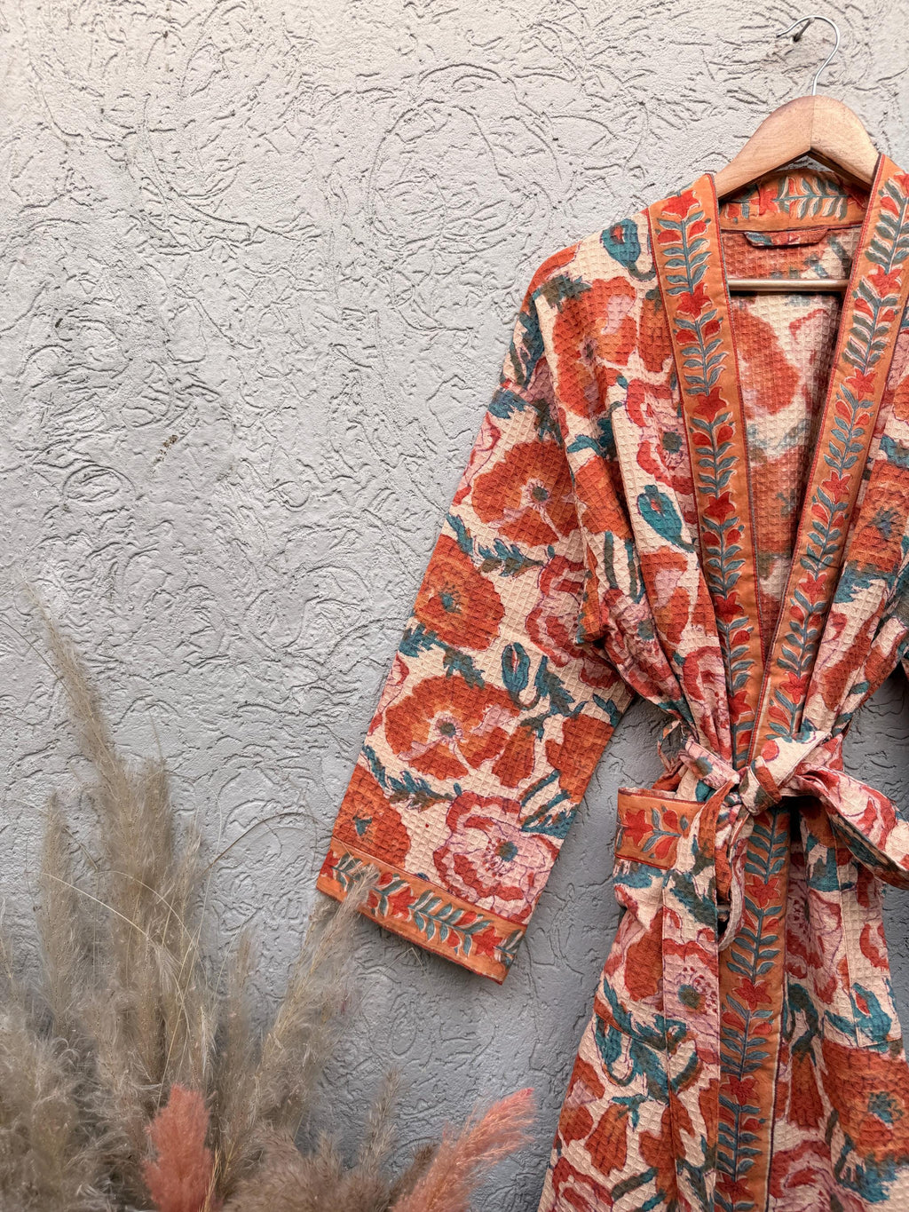 Terracotta Floral Block Print Cotton Bathrobe | Handmade Waffle Kimono Robe | Lightweight Summer Robe | Boho Lounge Wear | Gift for Her