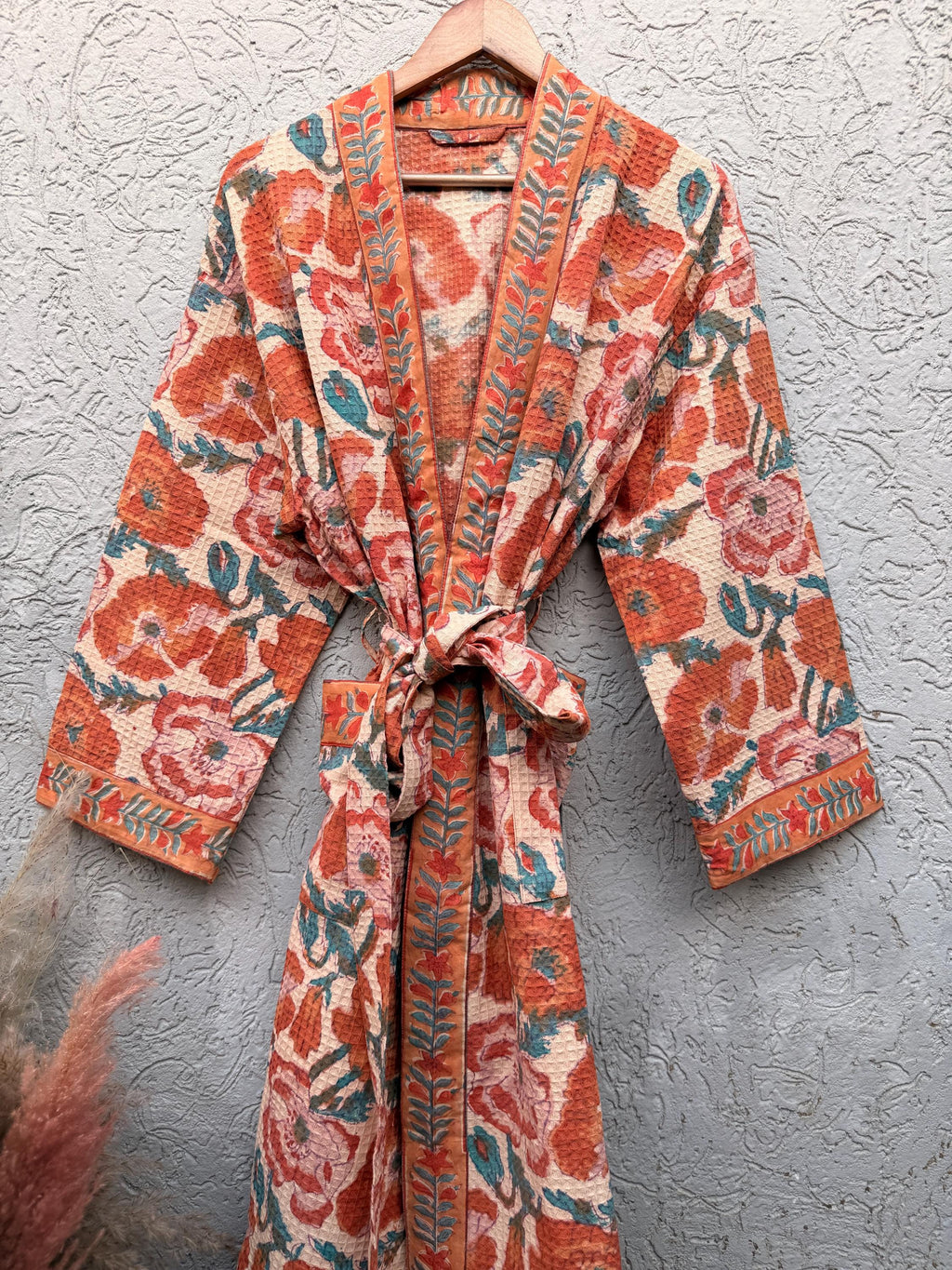 Terracotta Floral Block Print Cotton Bathrobe | Handmade Waffle Kimono Robe | Lightweight Summer Robe | Boho Lounge Wear | Gift for Her
