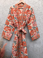 Terracotta Floral Block Print Cotton Bathrobe | Handmade Waffle Kimono Robe | Lightweight Summer Robe | Boho Lounge Wear | Gift for Her