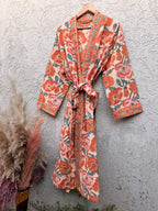 Terracotta Floral Block Print Cotton Bathrobe | Handmade Waffle Kimono Robe | Lightweight Summer Robe | Boho Lounge Wear | Gift for Her