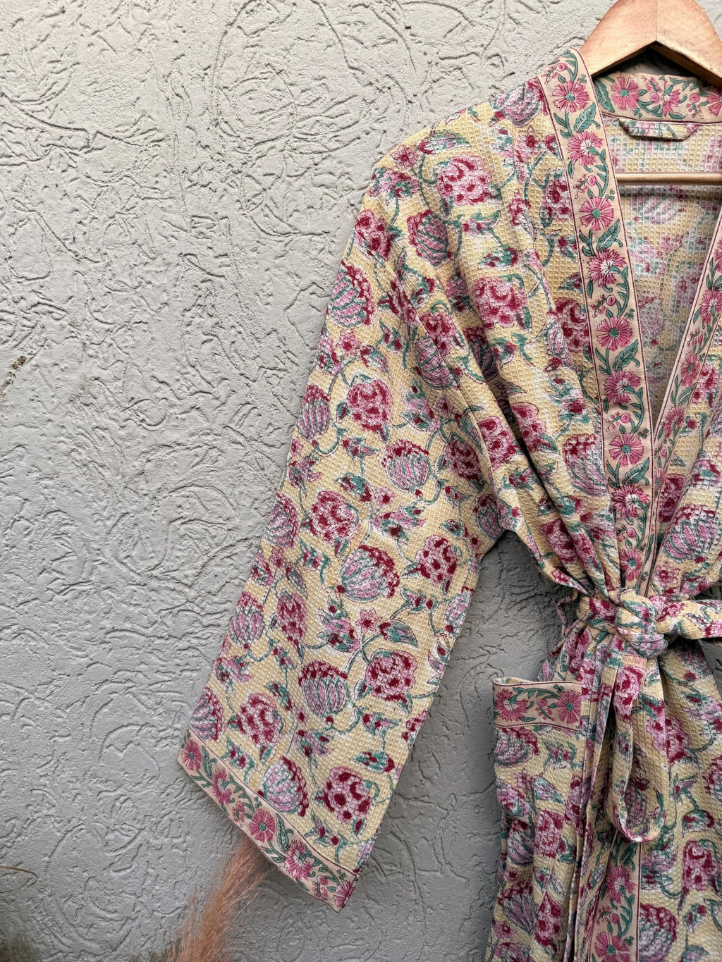 Hand Block Print Waffle Bathrobe for Women | Floral Cotton Kimono Robe | Lightweight Spa Robe | Soft Summer Loungewear | Bridal Gift Robe
