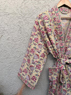 Hand Block Print Waffle Bathrobe for Women | Floral Cotton Kimono Robe | Lightweight Spa Robe | Soft Summer Loungewear | Bridal Gift Robe