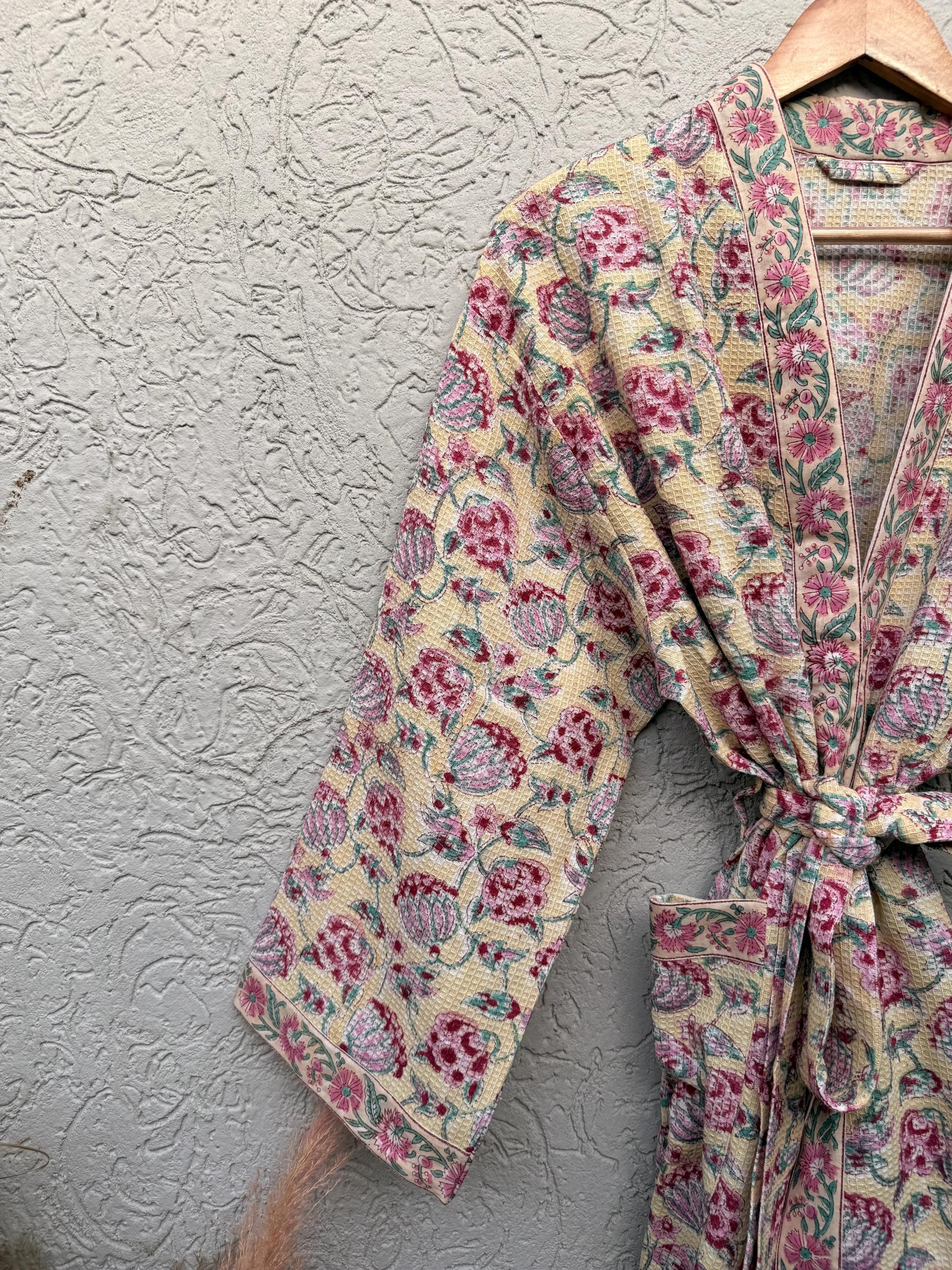 Hand Block Print Waffle Bathrobe for Women | Floral Cotton Kimono Robe | Lightweight Spa Robe | Soft Summer Loungewear | Bridal Gift Robe