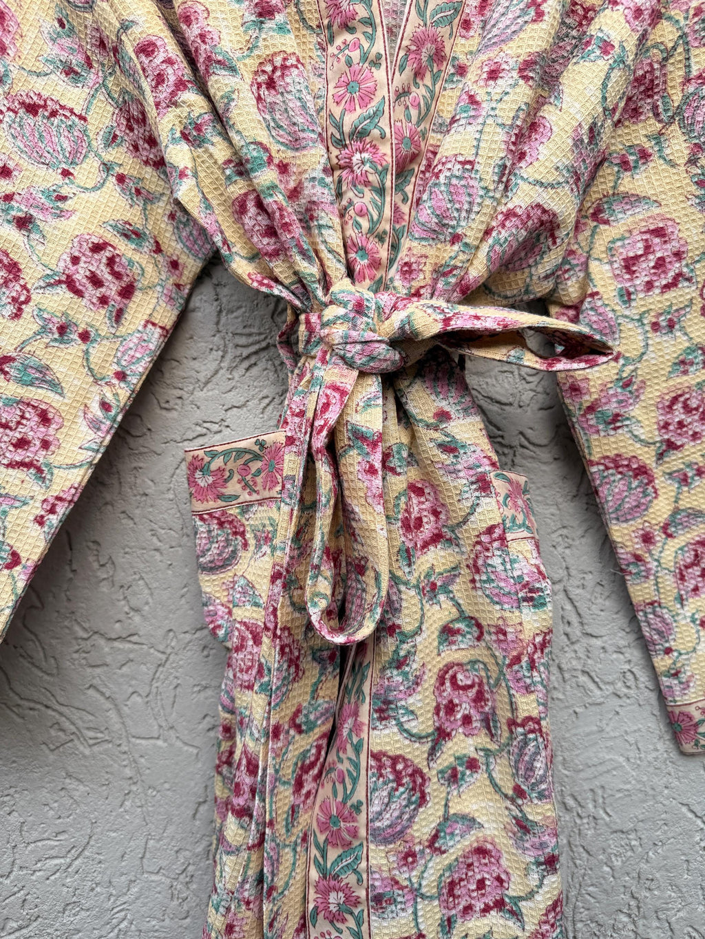 Hand Block Print Waffle Bathrobe for Women | Floral Cotton Kimono Robe | Lightweight Spa Robe | Soft Summer Loungewear | Bridal Gift Robe