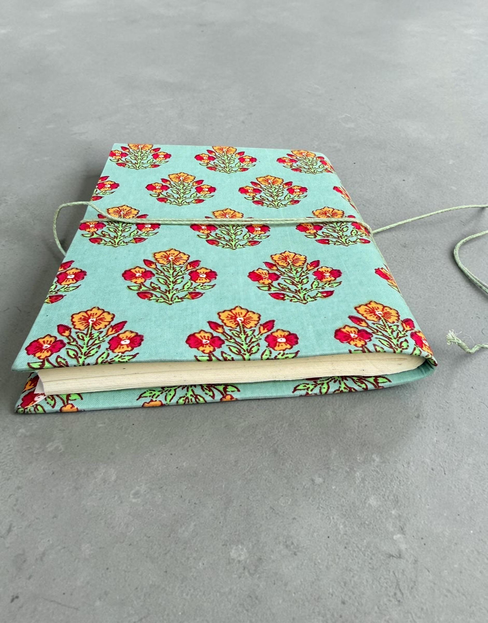 Handmade Floral Block Print Diary | Cotton Fabric Journal | Light Blue Notebook | Travel Journal | Artisan Handmade Gift for Writers