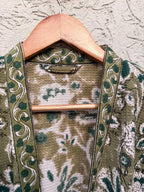 Hand Block Print Waffle Bathrobe | Green Floral Cotton Kimono Robe | Lightweight Spa Robe for Women | Soft Lounge Wear | Bridal Gift Robe