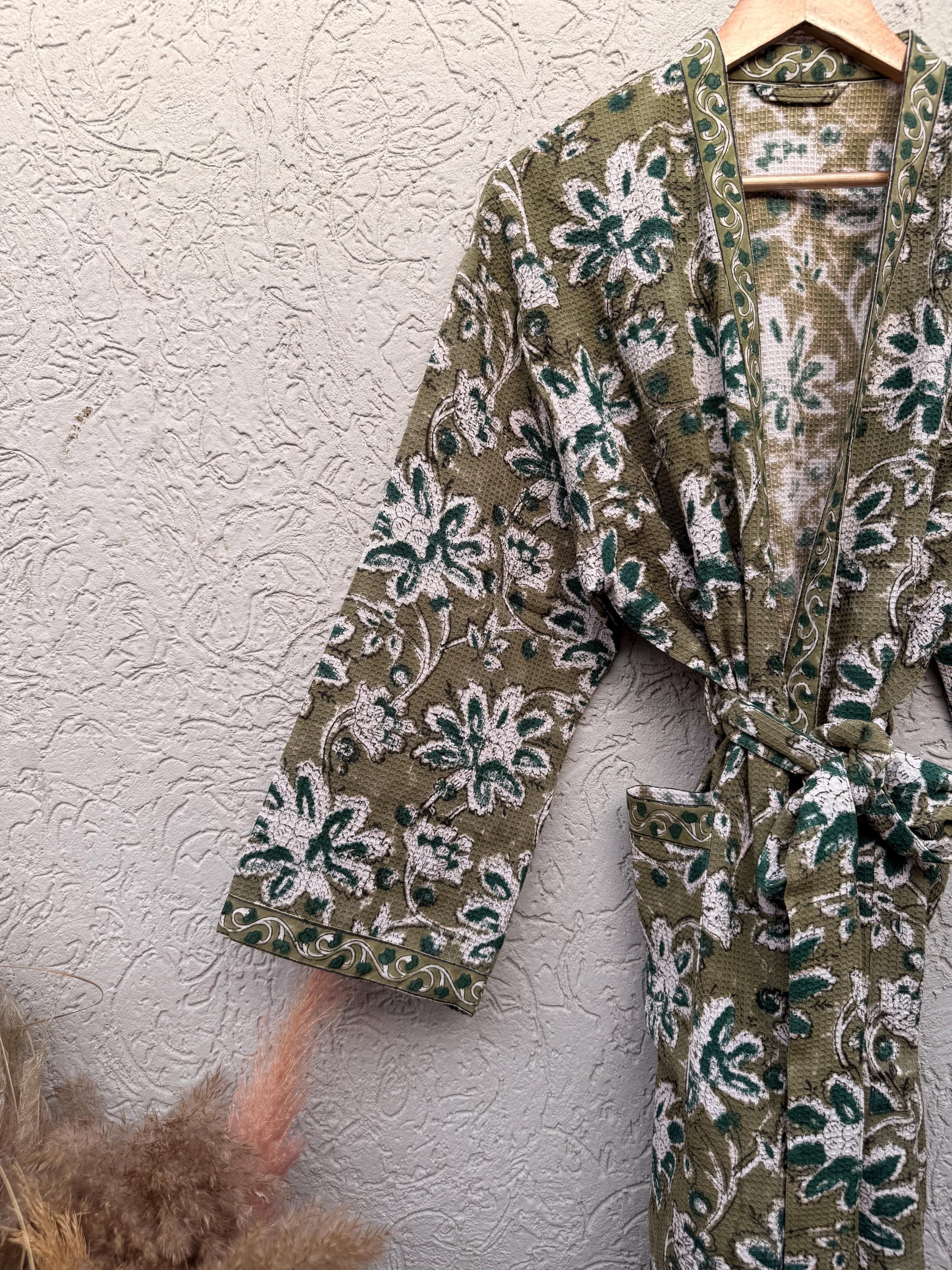 Hand Block Print Waffle Bathrobe | Green Floral Cotton Kimono Robe | Lightweight Spa Robe for Women | Soft Lounge Wear | Bridal Gift Robe